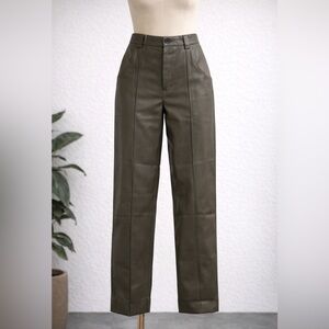 Zara Faux Leather High Waisted Seam Front Straight Leg Pants Olive Green L